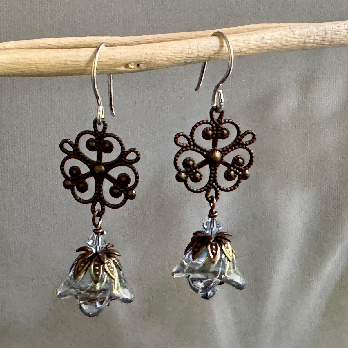 Blue Czech Glass Drops with Brass Filigree Components in Sterling Silver
