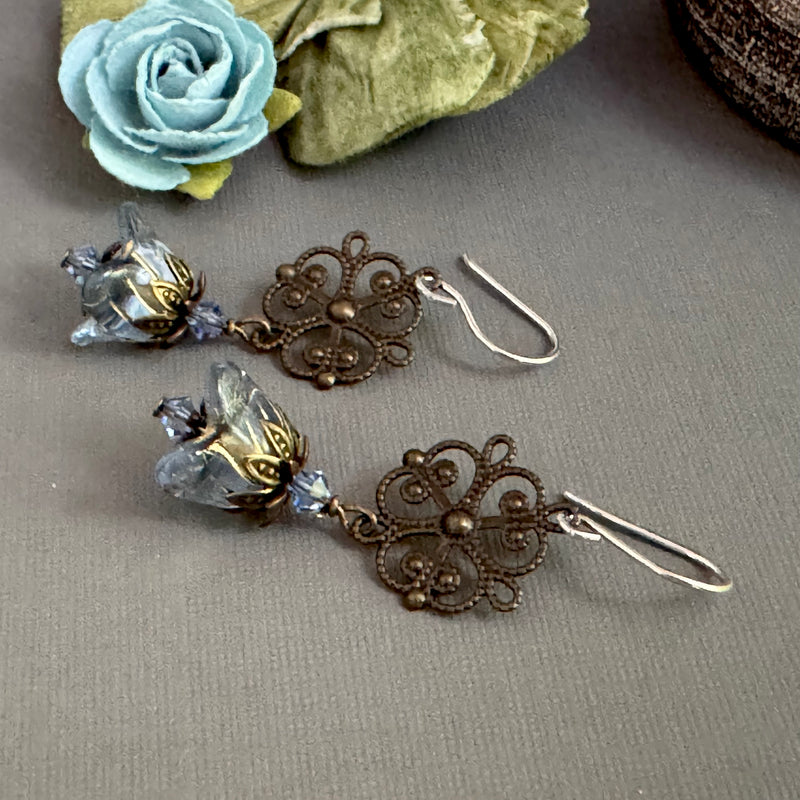 Blue Czech Glass Drops with Brass Filigree Components in Sterling Silver