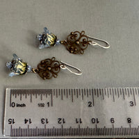 Blue Czech Glass Drops with Brass Filigree Components in Sterling Silver