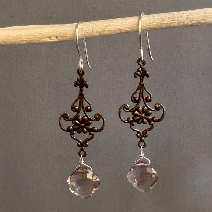 Vintage Ametrine and Antique Brass Filigree Earrings in Sterling Silver