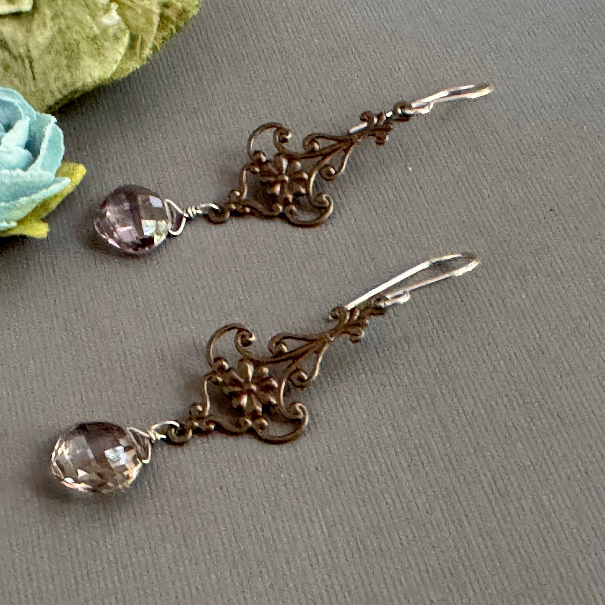 Vintage Ametrine and Antique Brass Filigree Earrings in Sterling Silver