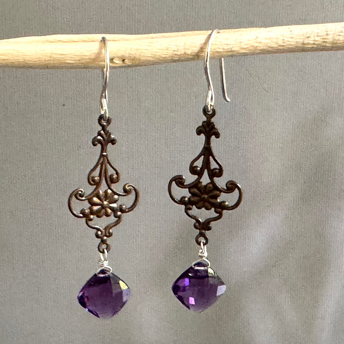 Vintage Amethyst Antique Brass Filigree Earrings in Sterling Silver