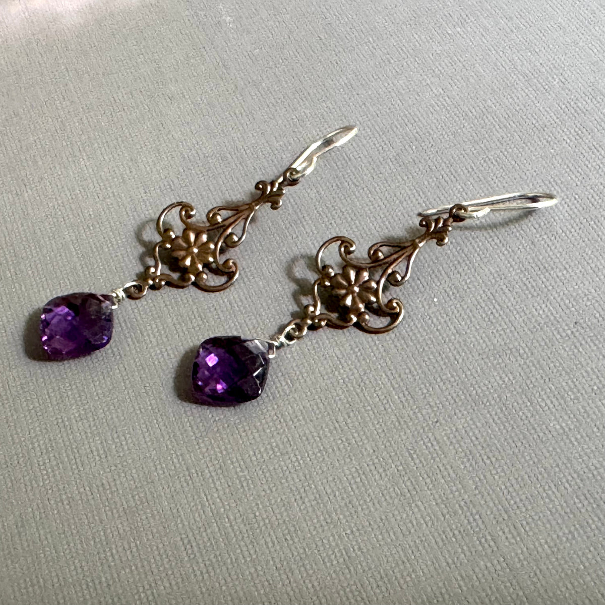 Vintage Amethyst Antique Brass Filigree Earrings in Sterling Silver