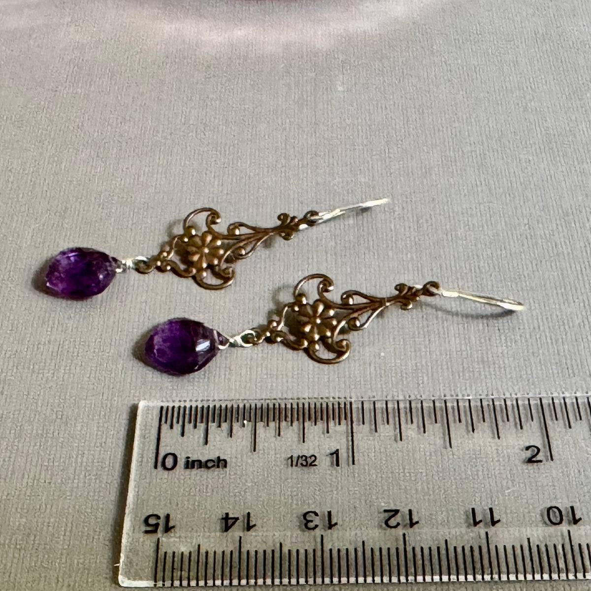Vintage Amethyst Antique Brass Filigree Earrings in Sterling Silver