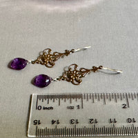 Vintage Amethyst Antique Brass Filigree Earrings in Sterling Silver