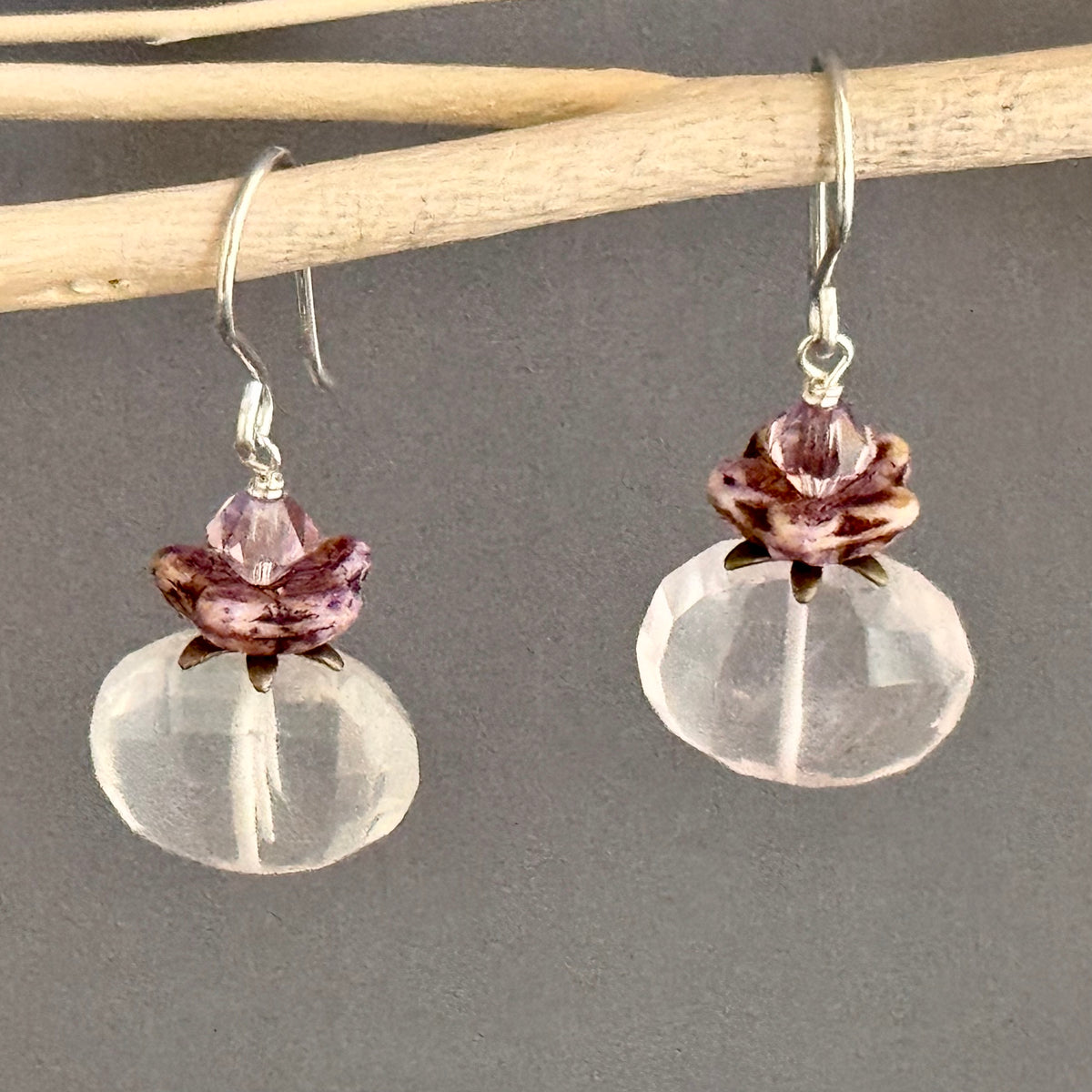 Vintage Rose Quartz Nugget and Czech Glass Earrings in Sterling Silver