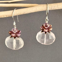 Vintage Rose Quartz Nugget and Czech Glass Earrings in Sterling Silver