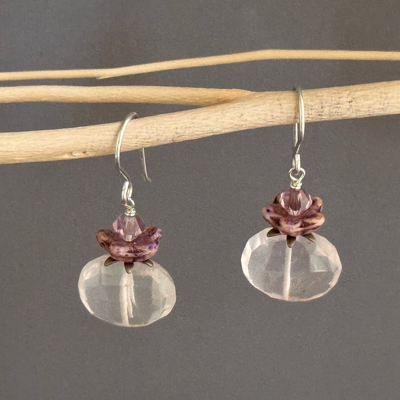 Vintage Rose Quartz Nugget and Czech Glass Earrings in Sterling Silver
