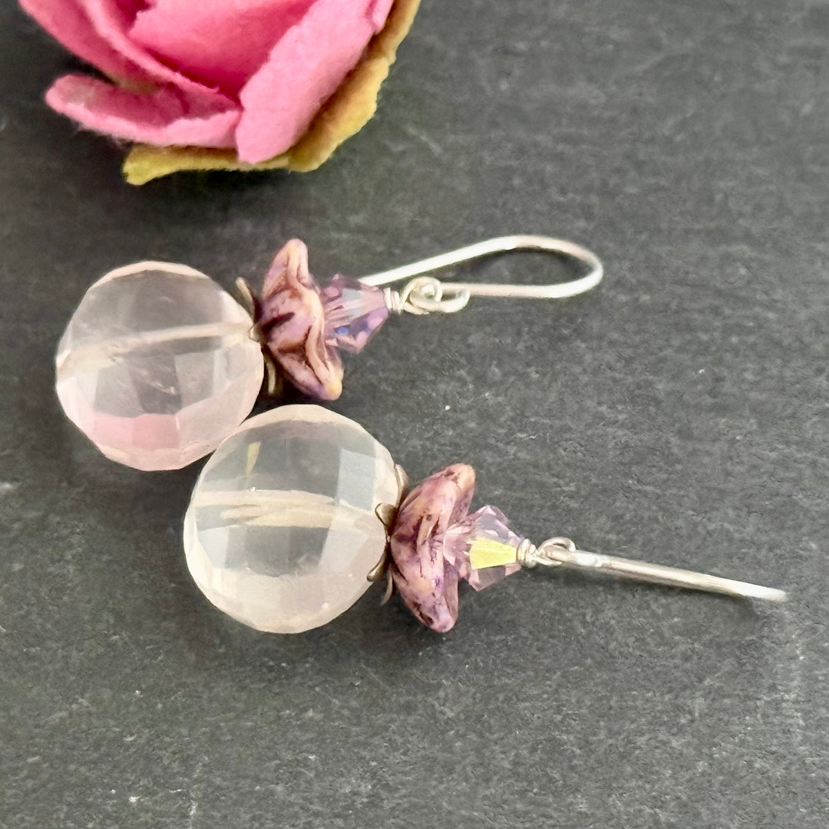 Vintage Rose Quartz Nugget and Czech Glass Earrings in Sterling Silver