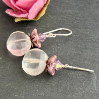 Vintage Rose Quartz Nugget and Czech Glass Earrings in Sterling Silver