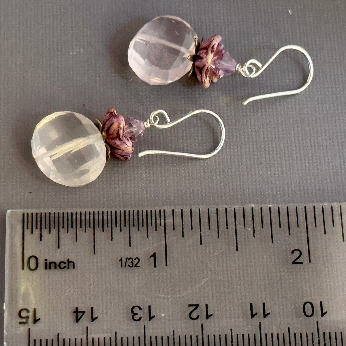 Vintage Rose Quartz Nugget and Czech Glass Earrings in Sterling Silver