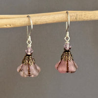Pink Czech Glass Trumpet Bead Earrings in Sterling Silver