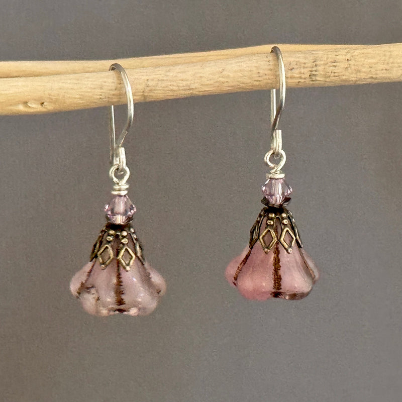 Pink Czech Glass Trumpet Bead Earrings in Sterling Silver