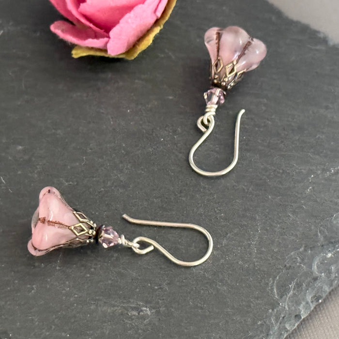 Pink Czech Glass Trumpet Bead Earrings in Sterling Silver