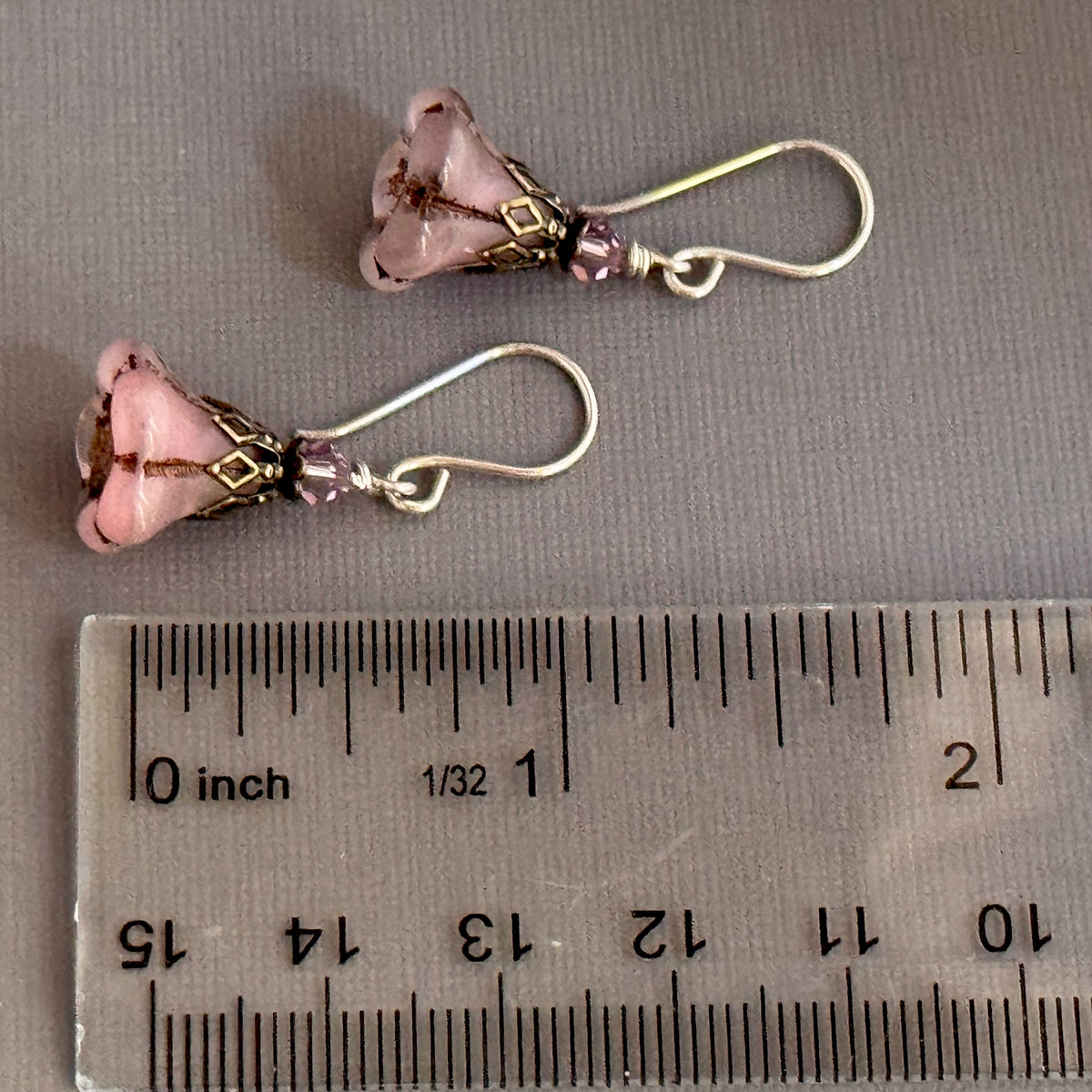 Pink Czech Glass Trumpet Bead Earrings in Sterling Silver