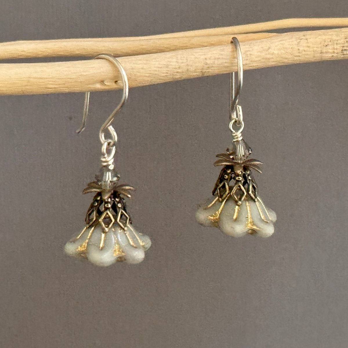 Czech Glass Gray Bell Flower Earrings in Sterling Silver
