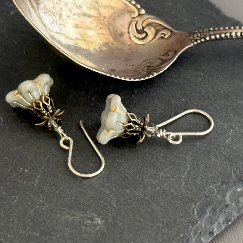Czech Glass Gray Bell Flower Earrings in Sterling Silver
