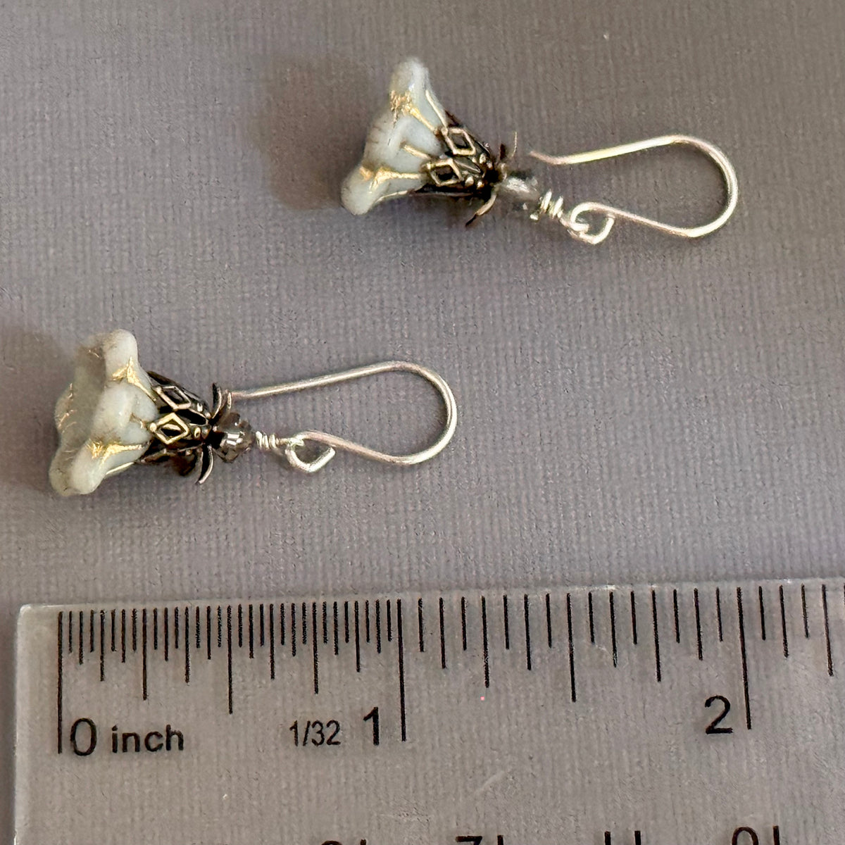 Czech Glass Gray Bell Flower Earrings in Sterling Silver