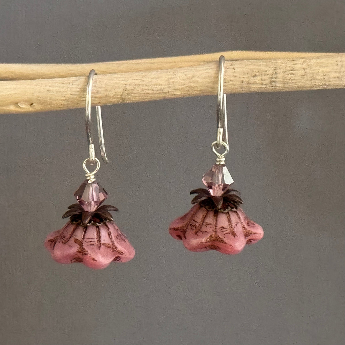 Czech Glass Pink Bell Flower Earrings in Sterling Silver