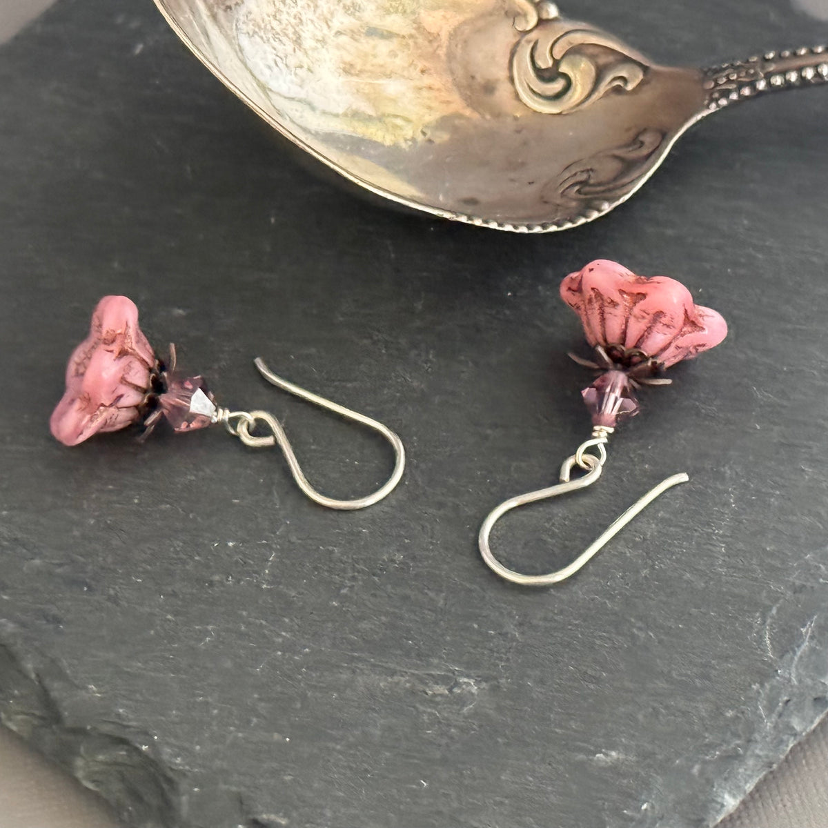 Czech Glass Pink Bell Flower Earrings in Sterling Silver