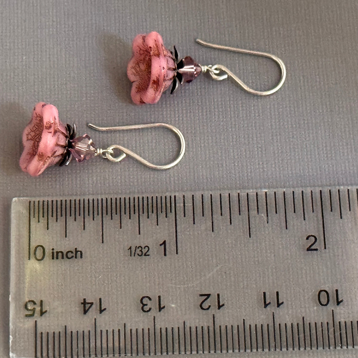 Czech Glass Pink Bell Flower Earrings in Sterling Silver