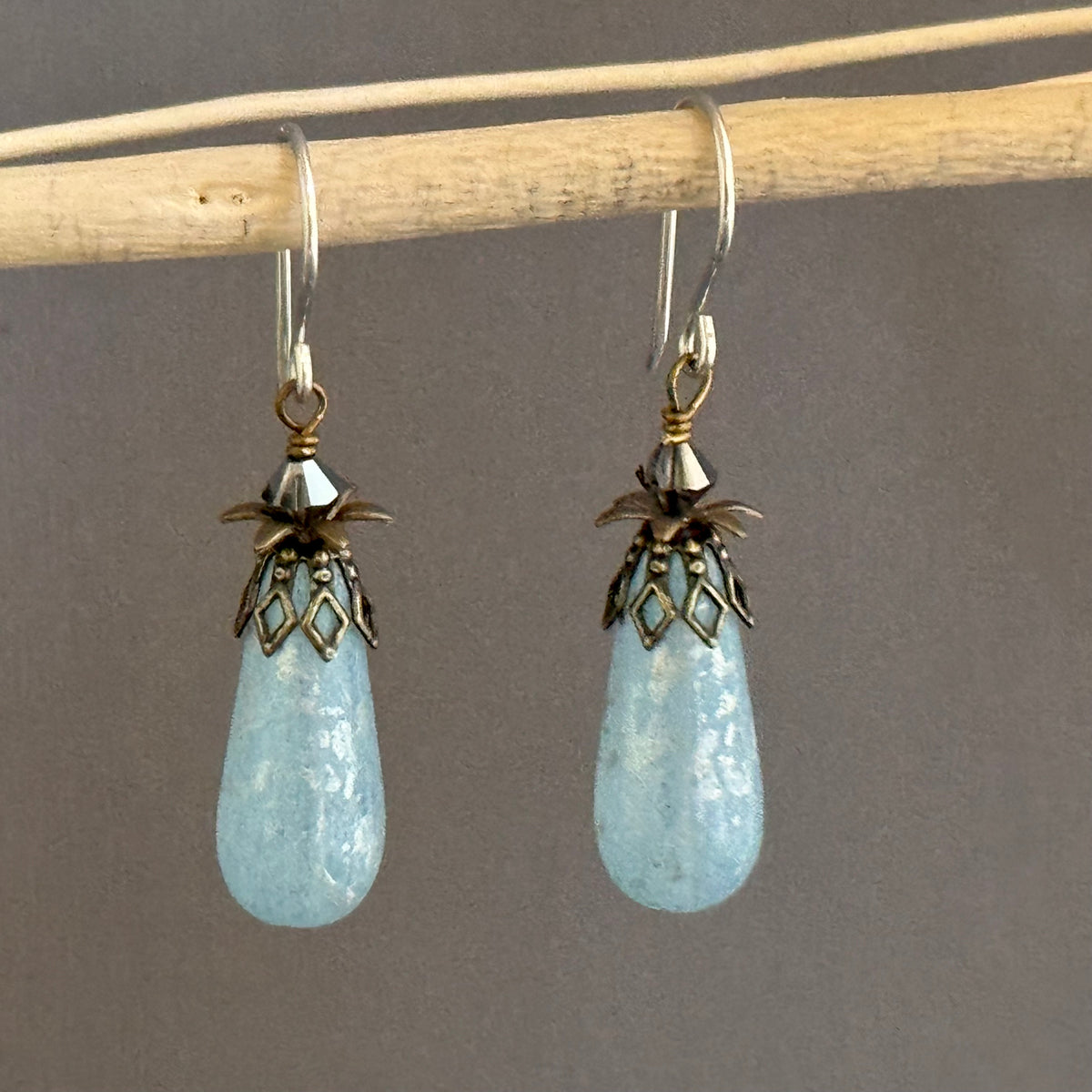 Czech Glass Light Blue Frosted Dangle Drop Earrings in Sterling Silver