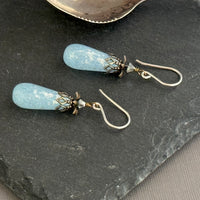 Czech Glass Light Blue Frosted Dangle Drop Earrings in Sterling Silver