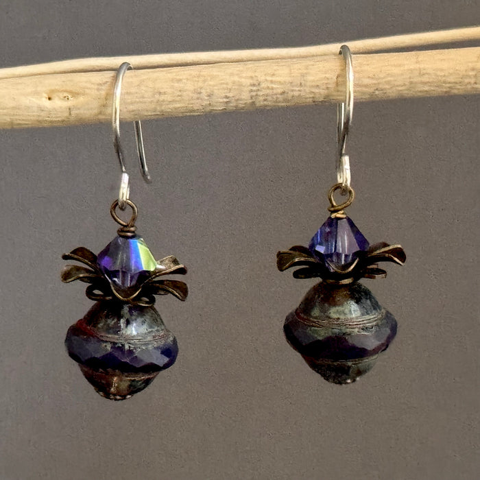 Purple Czech Glass Saturn Beads with Swarovski Crystals in Sterling Silver