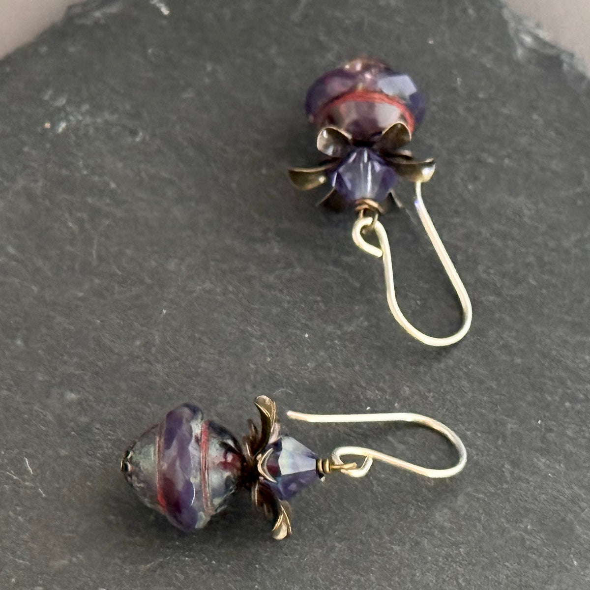 Purple Czech Glass Saturn Beads with Swarovski Crystals in Sterling Silver