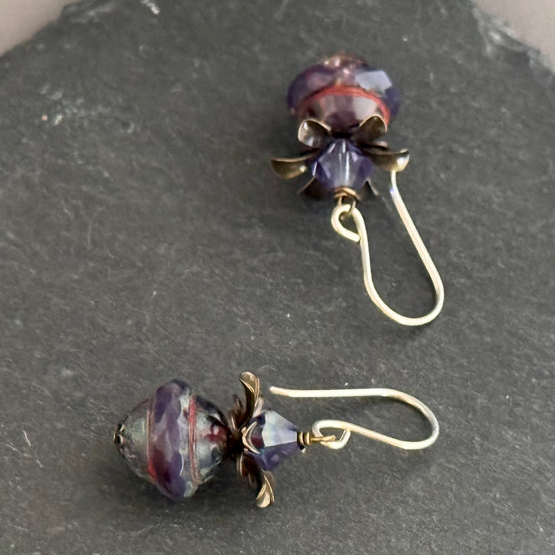 Purple Czech Glass Saturn Beads with Swarovski Crystals in Sterling Silver