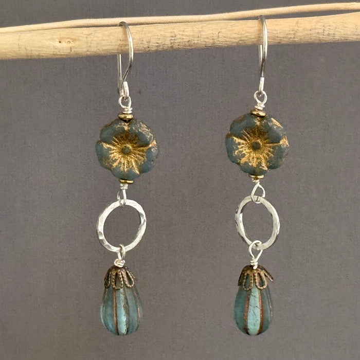 Sea Foam Green Puffy Czech Glass Hibiscus Flower Drop Earrings in Sterling Silver