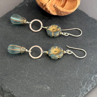 Sea Foam Green Puffy Czech Glass Hibiscus Flower Drop Earrings in Sterling Silver