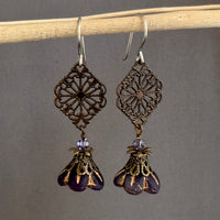 Purple Czech Glass Flower Earrings and Brass Filigree Components in Sterling Silver