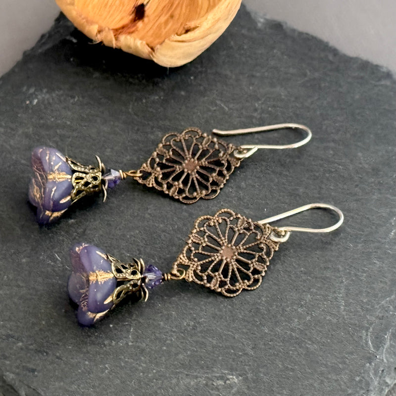 Purple Czech Glass Flower Earrings and Brass Filigree Components in Sterling Silver