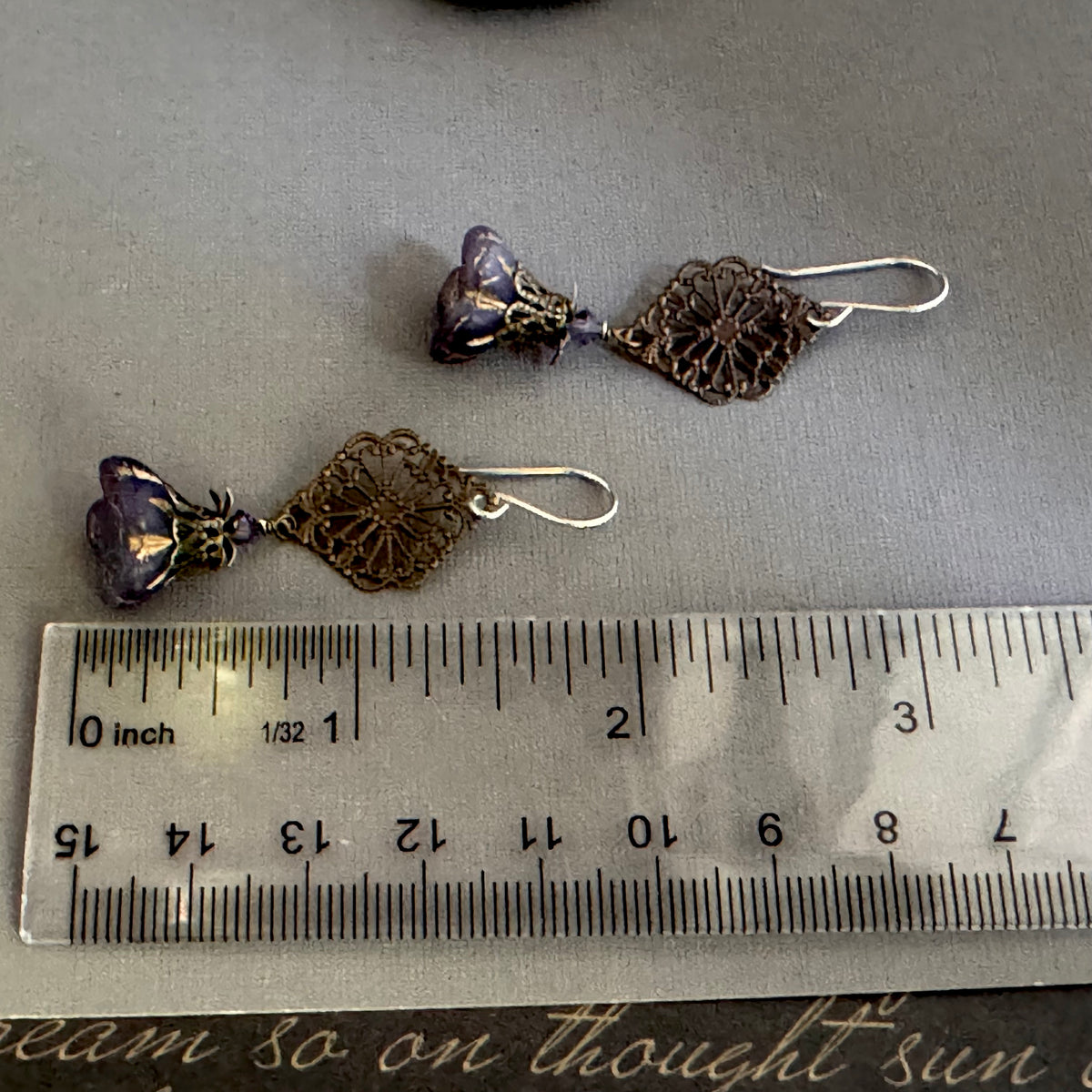 Purple Czech Glass Flower Earrings and Brass Filigree Components in Sterling Silver