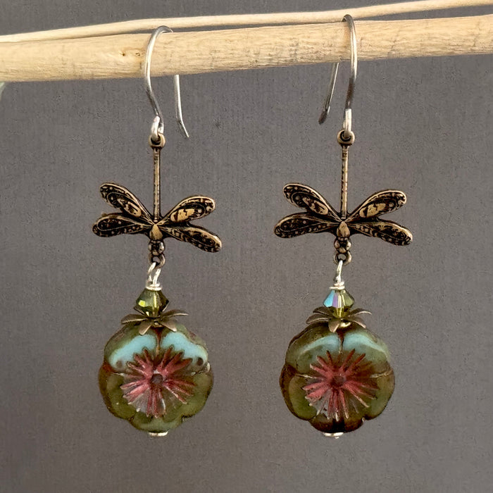 Green and Blue Puffy Czech Glass Hibiscus Flower with Antique Brass Firefly  Earrings in Sterling Silver