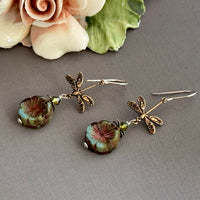 Green and Blue Puffy Czech Glass Hibiscus Flower with Antique Brass Firefly  Earrings in Sterling Silver