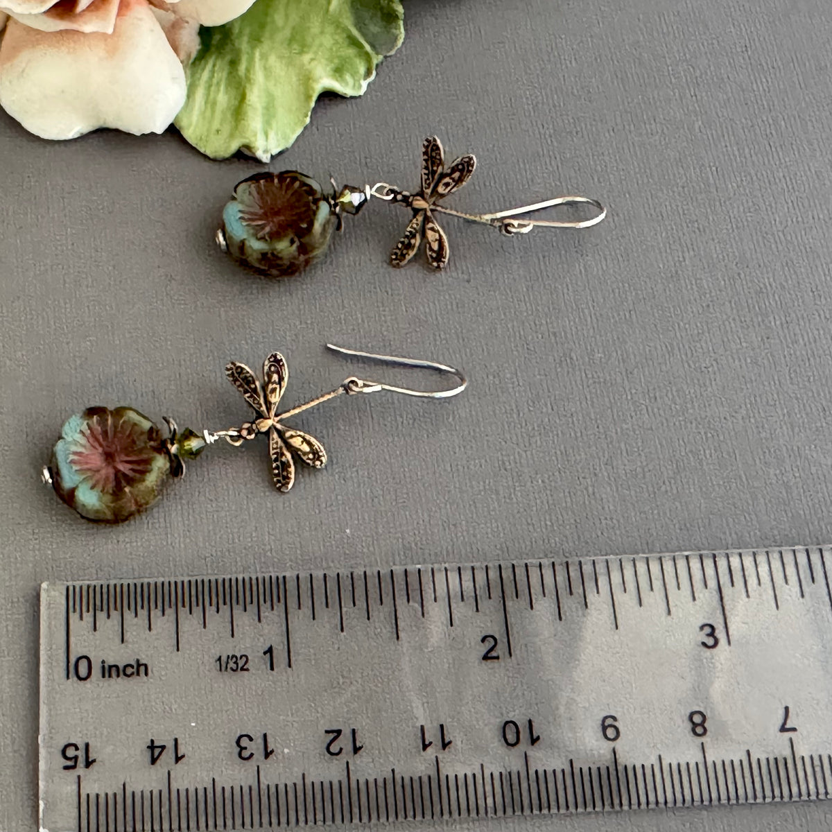Green and Blue Puffy Czech Glass Hibiscus Flower with Antique Brass Firefly  Earrings in Sterling Silver