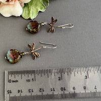 Green and Blue Puffy Czech Glass Hibiscus Flower with Antique Brass Firefly  Earrings in Sterling Silver