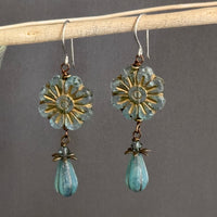 Czech Blue Metallic Wildflower Dangle Earrings in Sterling Silver