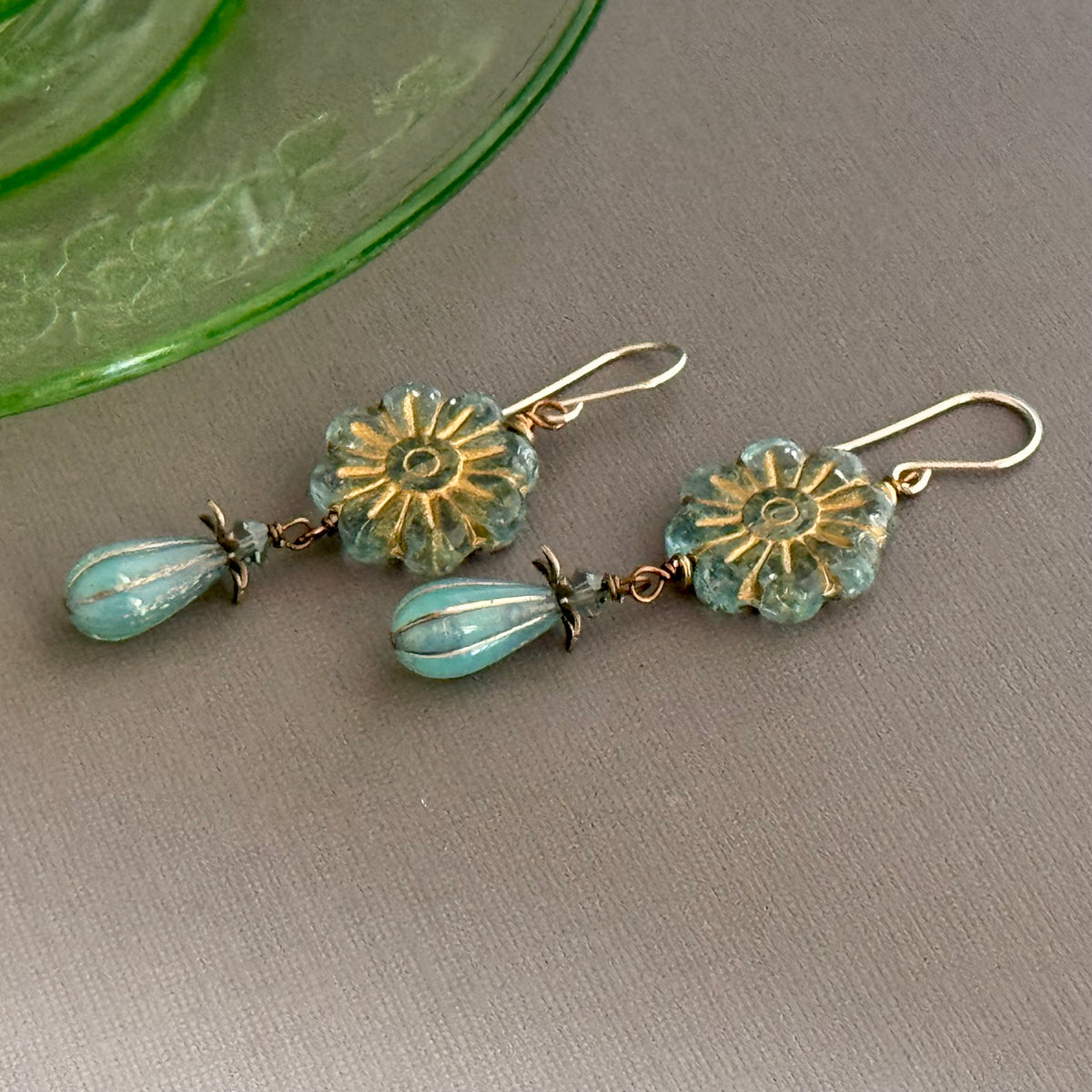 Czech Blue Metallic Wildflower Dangle Earrings in Sterling Silver
