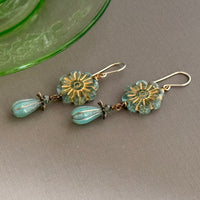 Czech Blue Metallic Wildflower Dangle Earrings in Sterling Silver