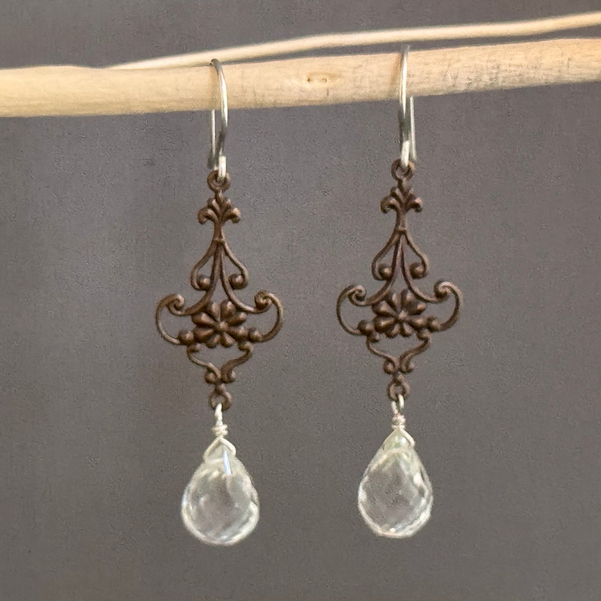 Crystal Quartz and Antique Brass Filigree Earrings in Sterling Silver