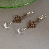 Crystal Quartz and Antique Brass Filigree Earrings in Sterling Silver