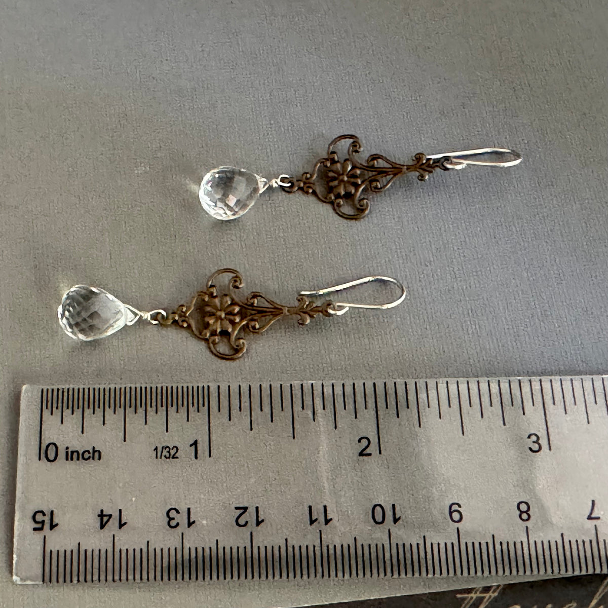 Crystal Quartz and Antique Brass Filigree Earrings in Sterling Silver