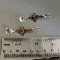 Crystal Quartz and Antique Brass Filigree Earrings in Sterling Silver
