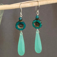 Long Sea Foam Green Chalcedony and Czech Glass Earrings in Sterling Silver