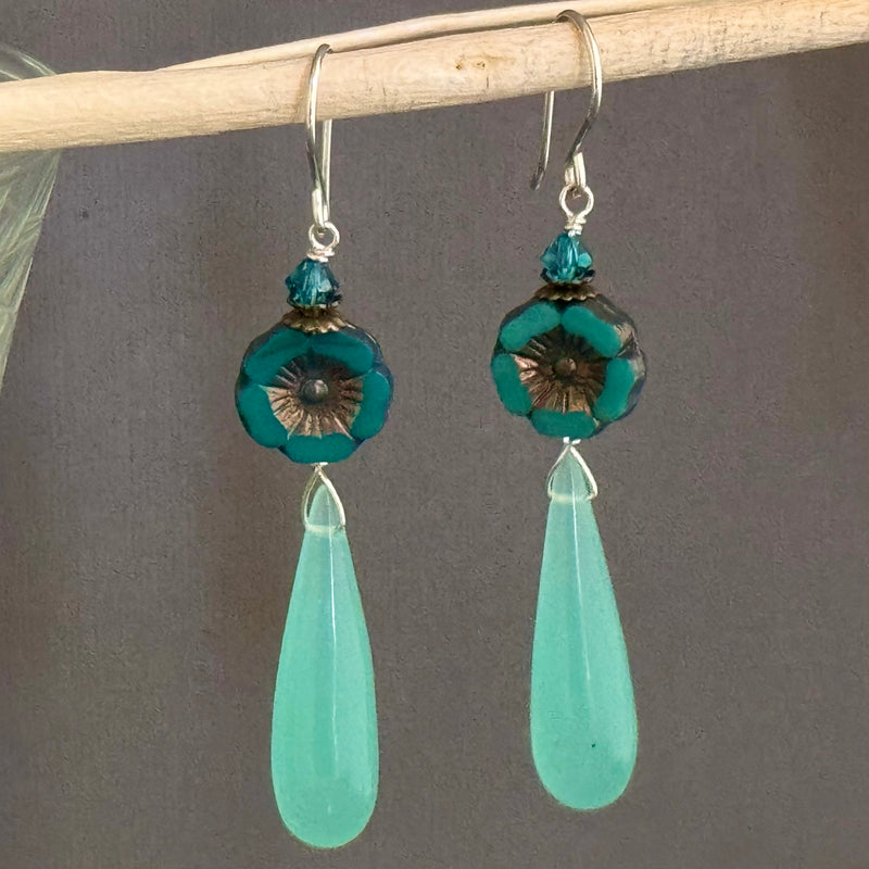 Long Sea Foam Green Chalcedony and Czech Glass Earrings in Sterling Silver
