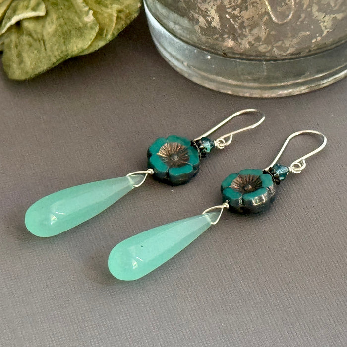 Long Sea Foam Green Chalcedony and Czech Glass Earrings in Sterling Silver