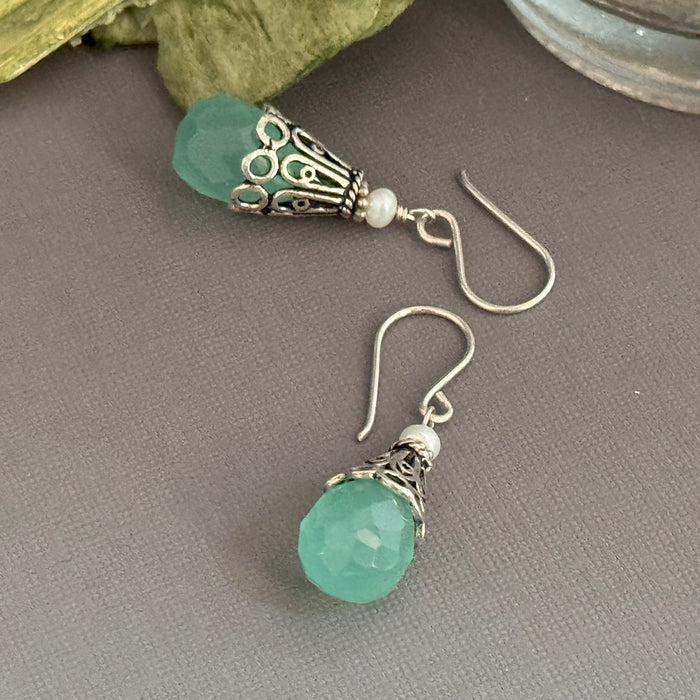 Sea Foam Green Chalcedony and Sterling Silver Earrings